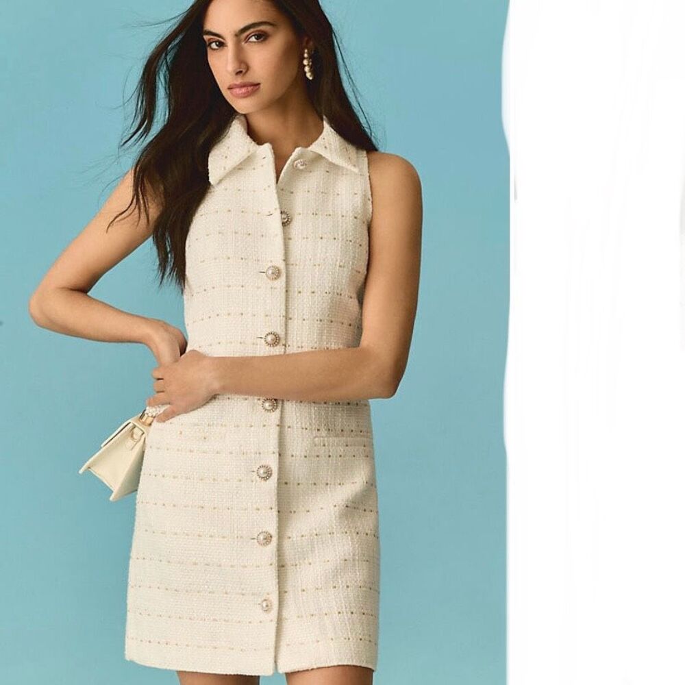 NEW Anthropologie Hutch Sleeveless pearl button Tweed Dress Size 14